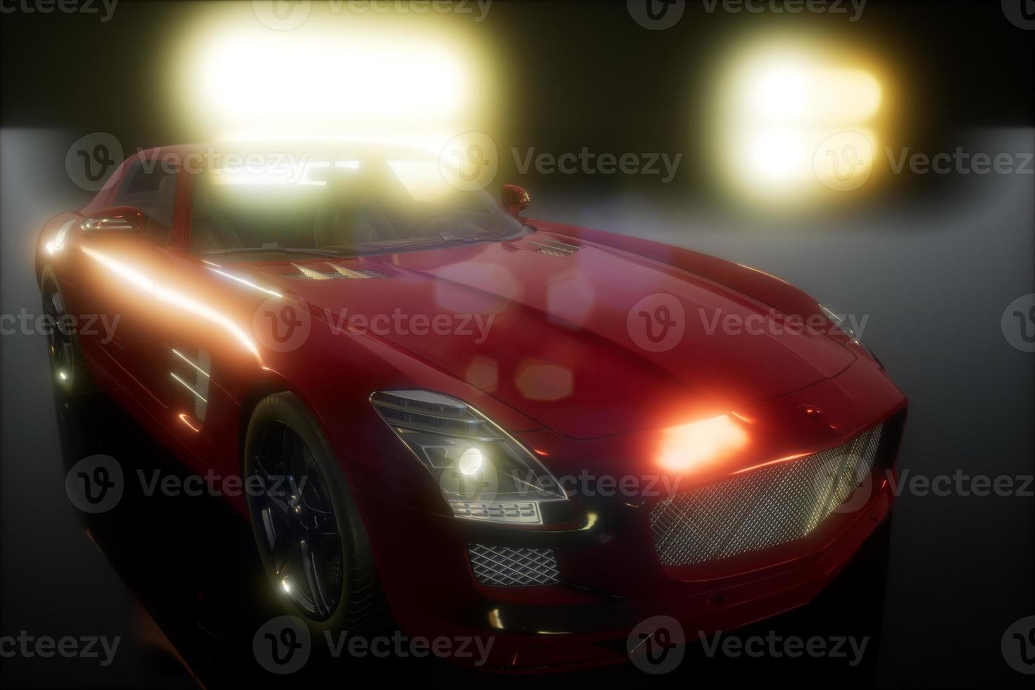 luxury sport car in dark studio with bright lights photo