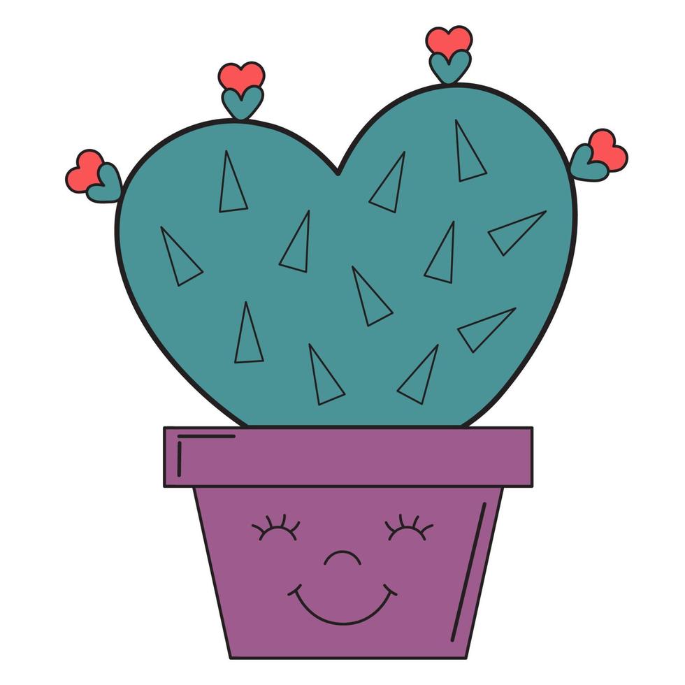 Cute cactus in shape of heart with flowers in flowerpot isolated on white background. vector