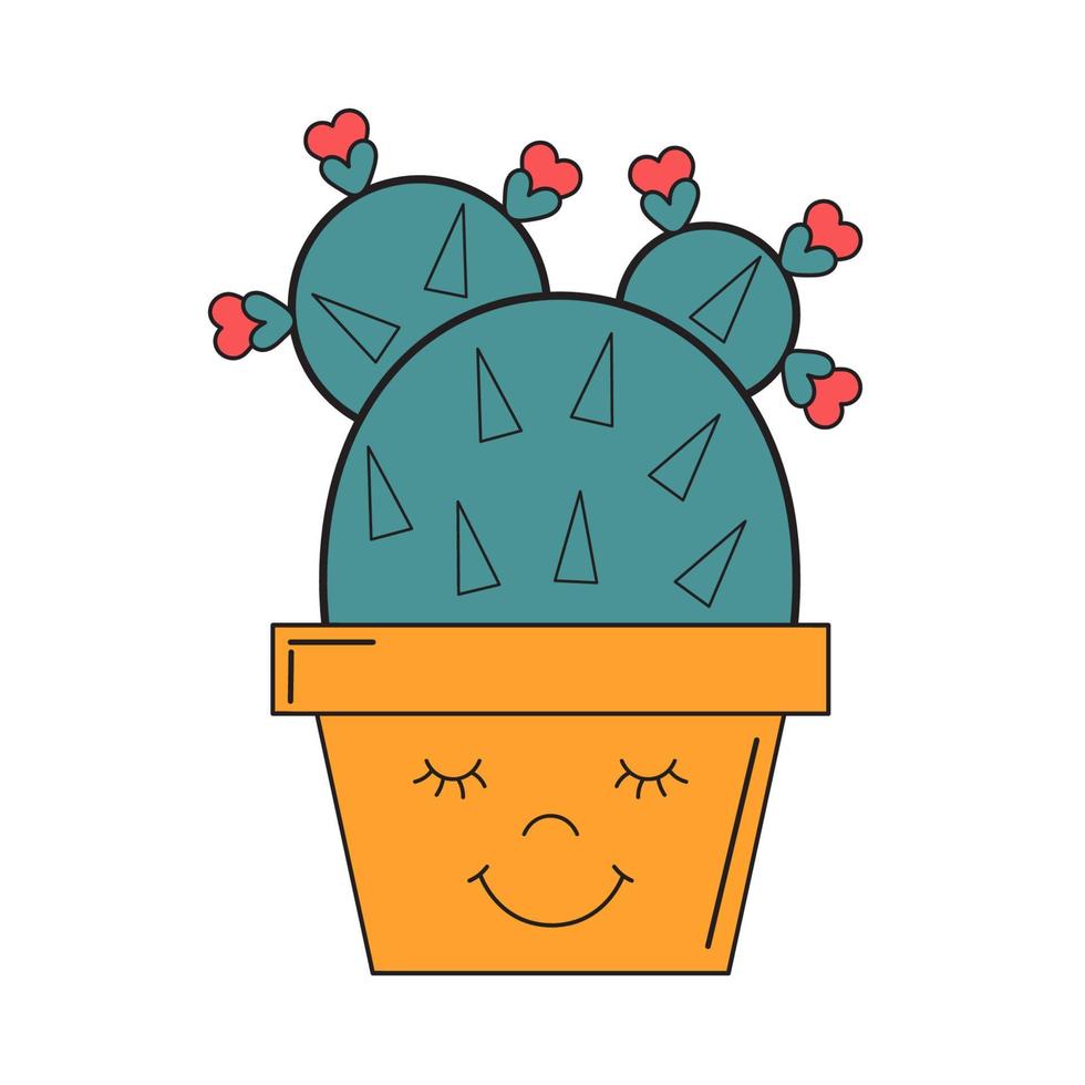 Cute succulents cactus in pot with with smiling face.  Hand drawn vector illustrations in modern trendy flat cartoon style.