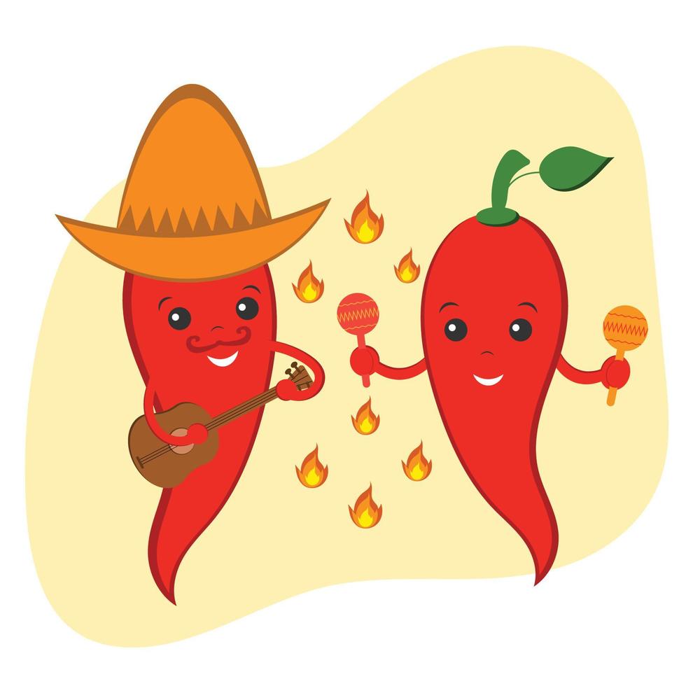 Super hot red chilli peppers in fire. Couple of chili peppers in love in Mexican style. Hot funny couple of peppers with guitar and marcass. Romantic card for Valentine's Day. Flat Cartoon Style. vector