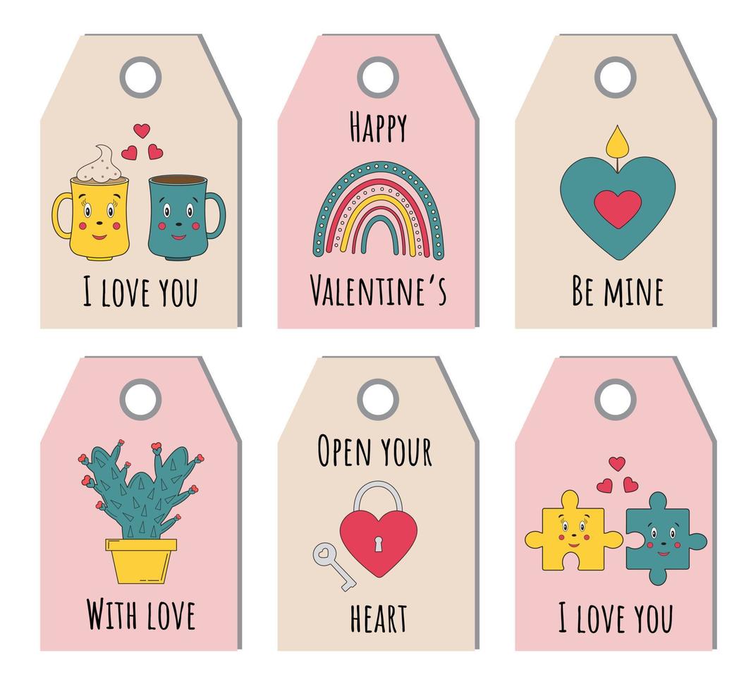 Collection of Happy Valentines day gift tags. Romantic badge design. Vector illustration. I love you greeting cards. Cartoon February 14 tags, labels or posters collection.