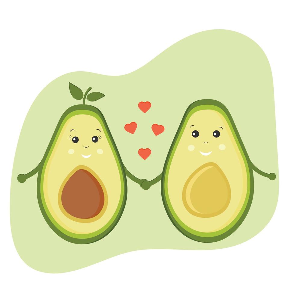 Cute color cartoon avocado couple in love. Valentine's day romantic greeting card. Funny happy cute couple of avocado. Happy couple in love vector illustration. Poster, postcard illustration.