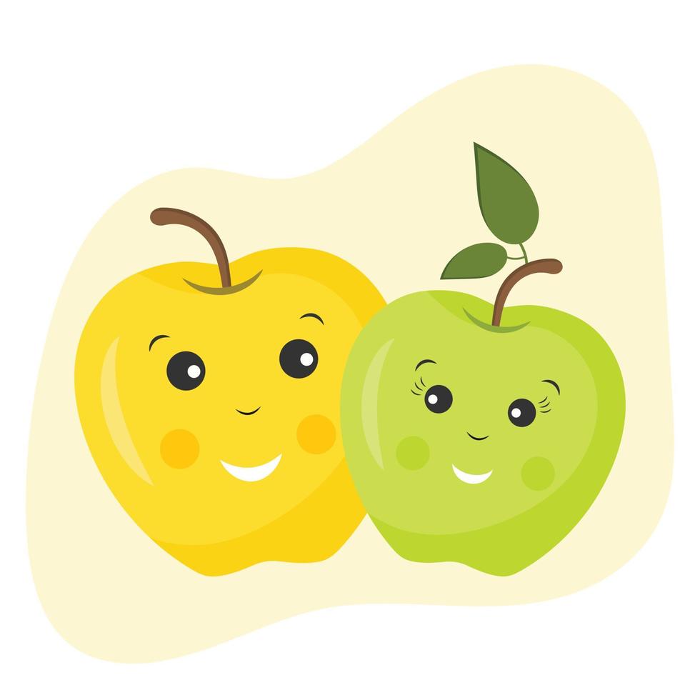 Cute funny couple of apples with smiling faces. Romantic couple of fruts. Cute apple couple cartoon for valentines day card design. Card whith cute happy apples. Friends or love concept. vector