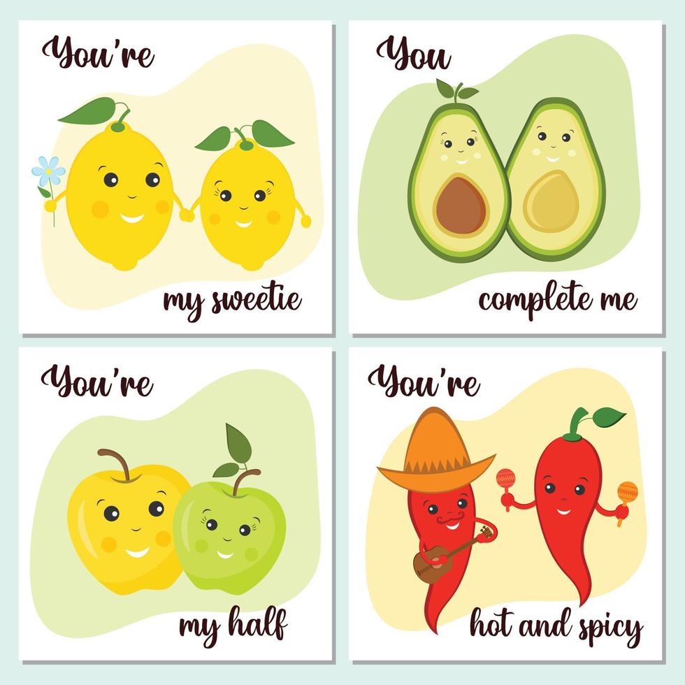 Valentine's day cards with cute fruts and vegetables. Vector template card for greeting, decoration, congratulation, invitation. Lovely funny romantic couples of lemons, peppers, apples and avocados.