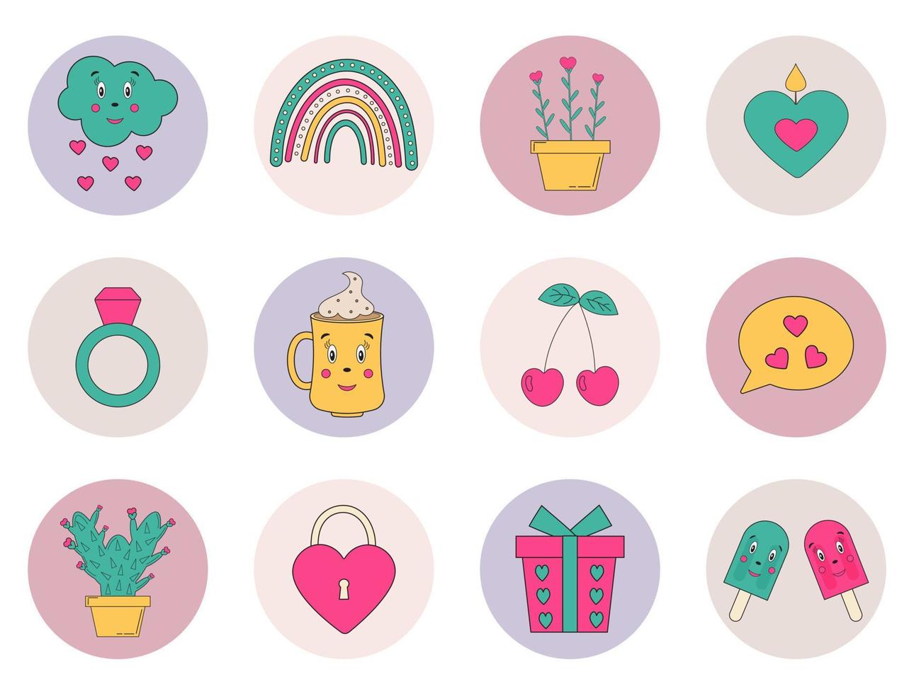 Set of circle icons for website, highlights stories cover with love romantic elements. Icons for Valentine's day. Trendy cartoon style. Suitable for cards, flyers, fashion prints. vector