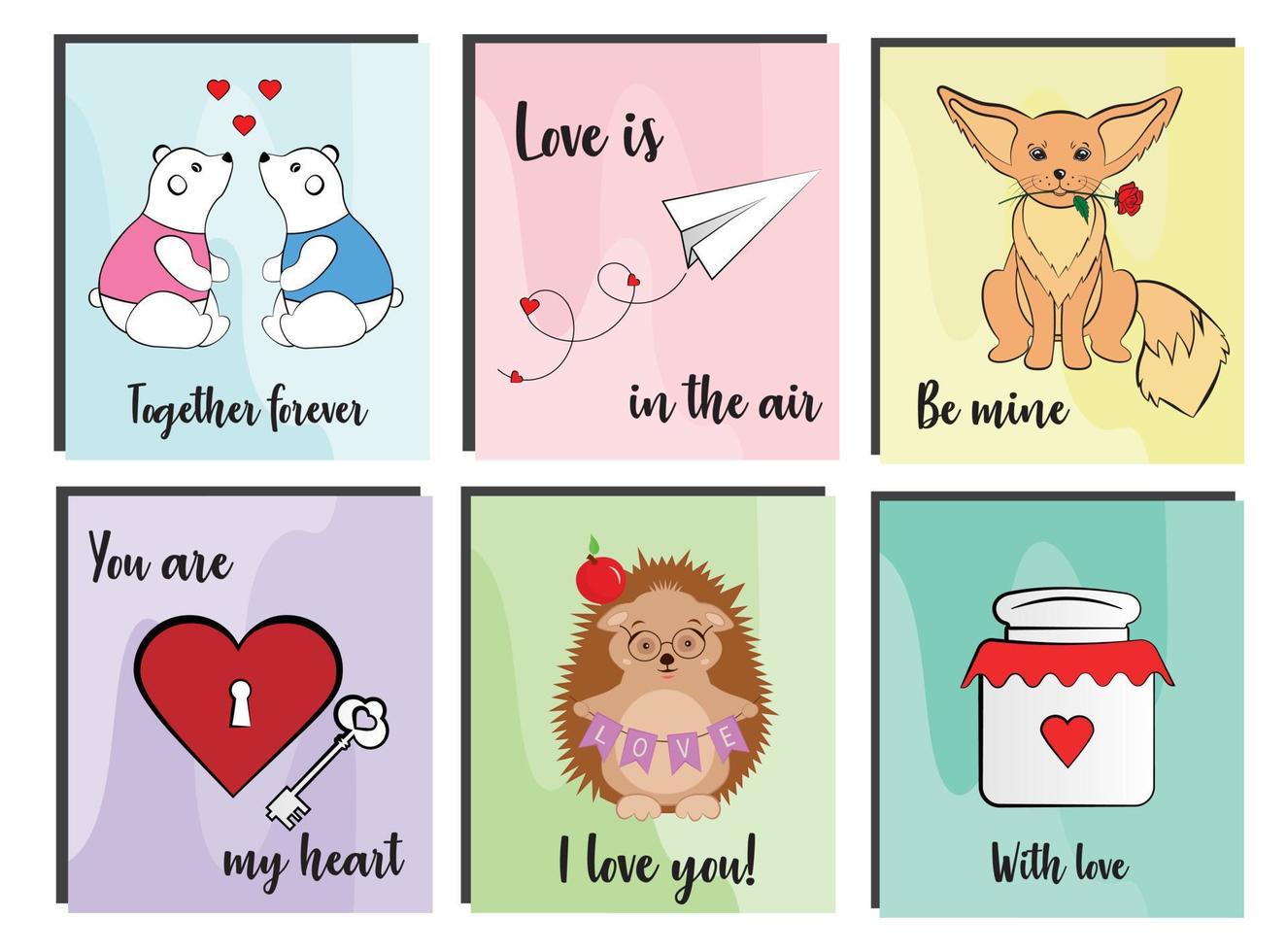 Set of cards for Happy Valentine's Day with romantic items. Cute animals in love. Relationship, Love, Valentine's day, Romantic concept. Vector illustration for poster, card, postcard.