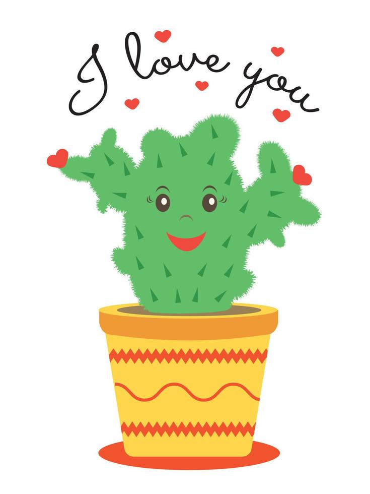 cactus verde con corazones rojos en una olla con la inscripción te amo linda tarjeta de felicitación para el día de san valentín. concepto romántico. ilustración vectorial adecuada para póster, volante. vector