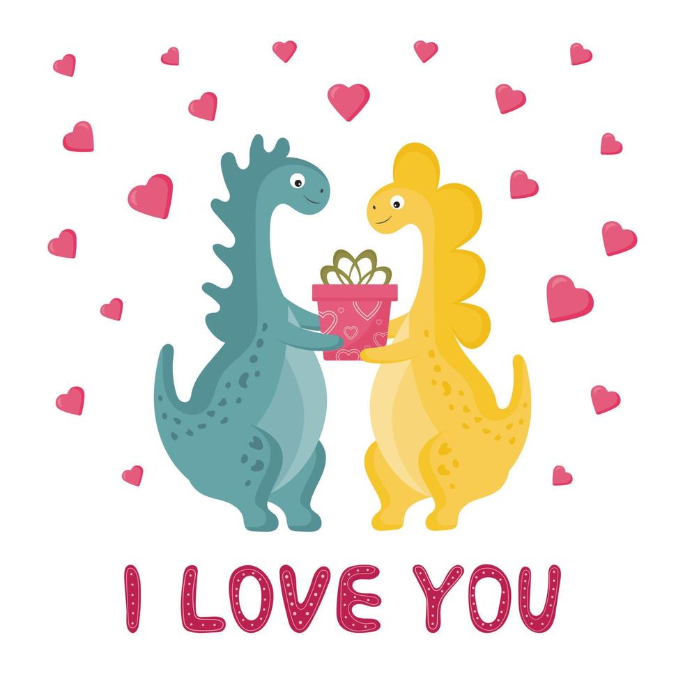 linda pareja de dinosaurios enamorados. dulce y romántico dino niño y niña con regalos. diseño de dibujos animados para tarjetas de felicitación, carteles, tazas, ropa. tarjeta de feliz día de san valentín. vector