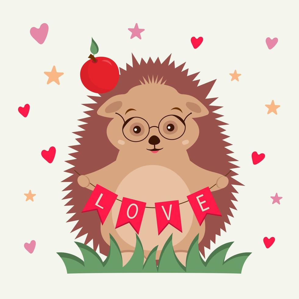 Cute cartoon romantic hedgehog with love text. Suitable for graphics, prints, banners, stickers and postcards. Illustration for Valentine's day. Romantic gift card. vector