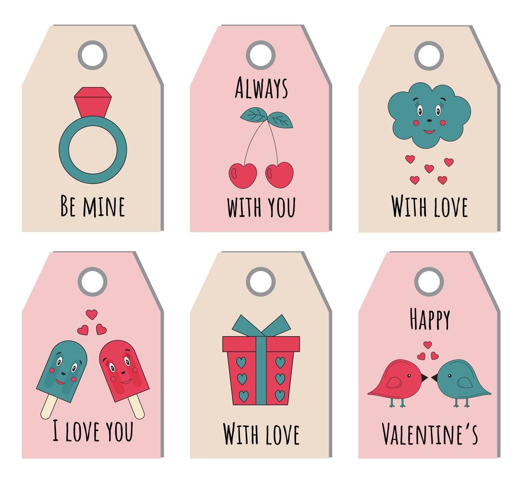 conjunto de lindas etiquetas de regalo listas para usar del día de san valentín. diseño de placa romántica. ilustración vectorial te amo plantilla de tarjetas de felicitación. colección de etiquetas, etiquetas o carteles del 14 de febrero de dibujos animados. vector