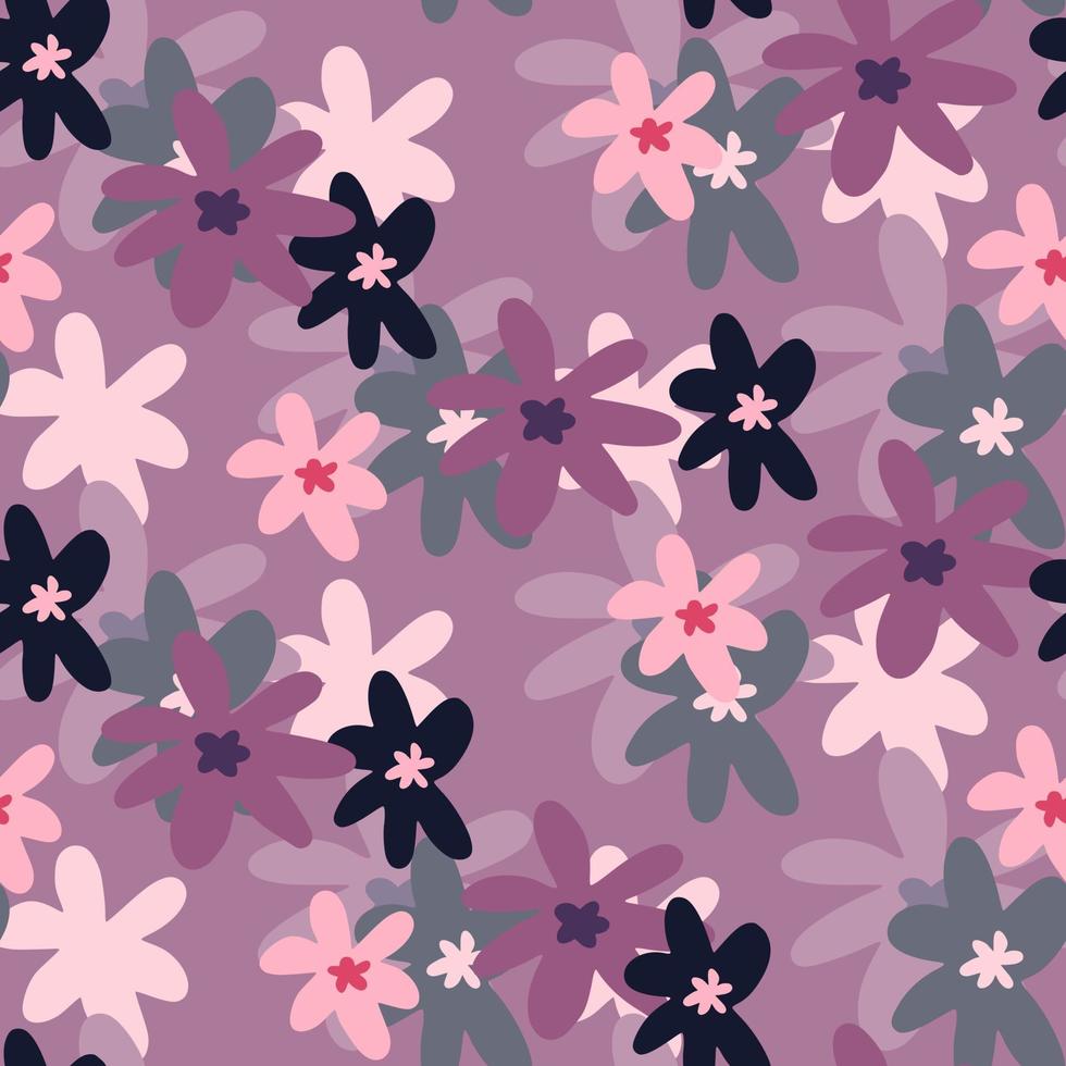 flores de manzanilla patrón aleatorio sin costuras. fondo morado con adorno botánico de colores rosa, negro y pastel. vector