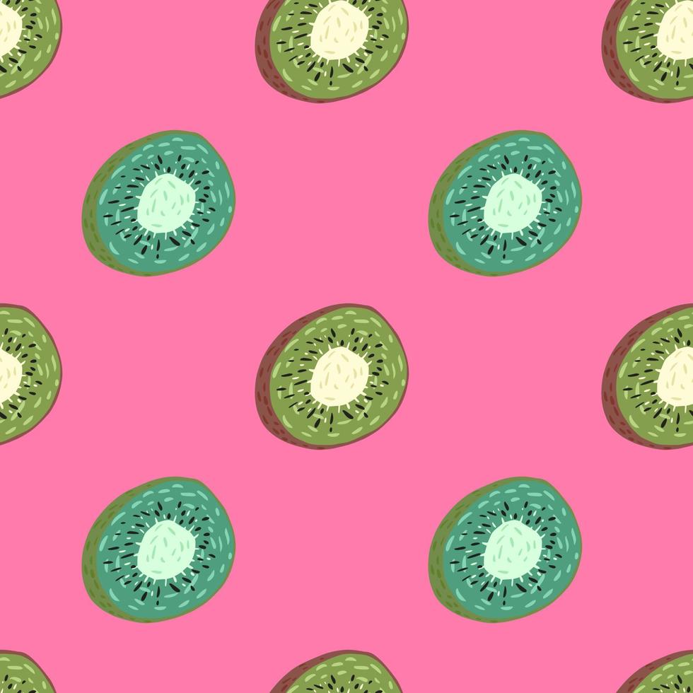 Minimalistic bright seamless pattern with doodle kiwi slice elements. Pink background. vector