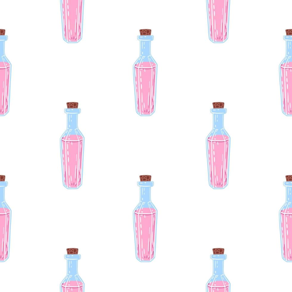 Isolated seamless pattern with magic potion bottle ornament. Pink liquids on white background. vector