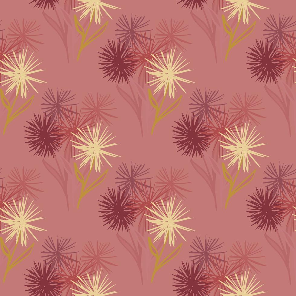 Dandelion flowers silhouettes seamless pattern. Pastel background with yellow and maroon botanic ornament. vector