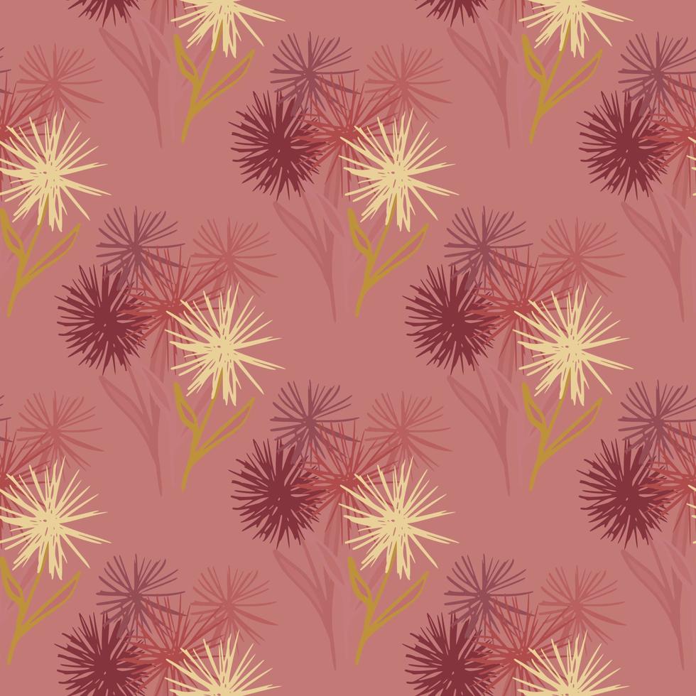 Dandelion flowers silhouettes seamless pattern. Pastel background with yellow and maroon botanic ornament. vector