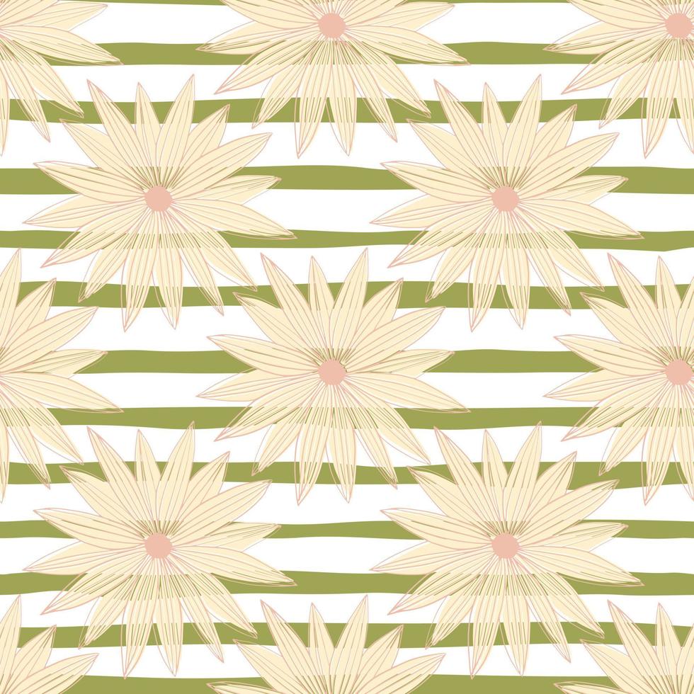 Beautiful line art bud daisy seamless pattern on stripe background. Modern floral wallpaper. vector
