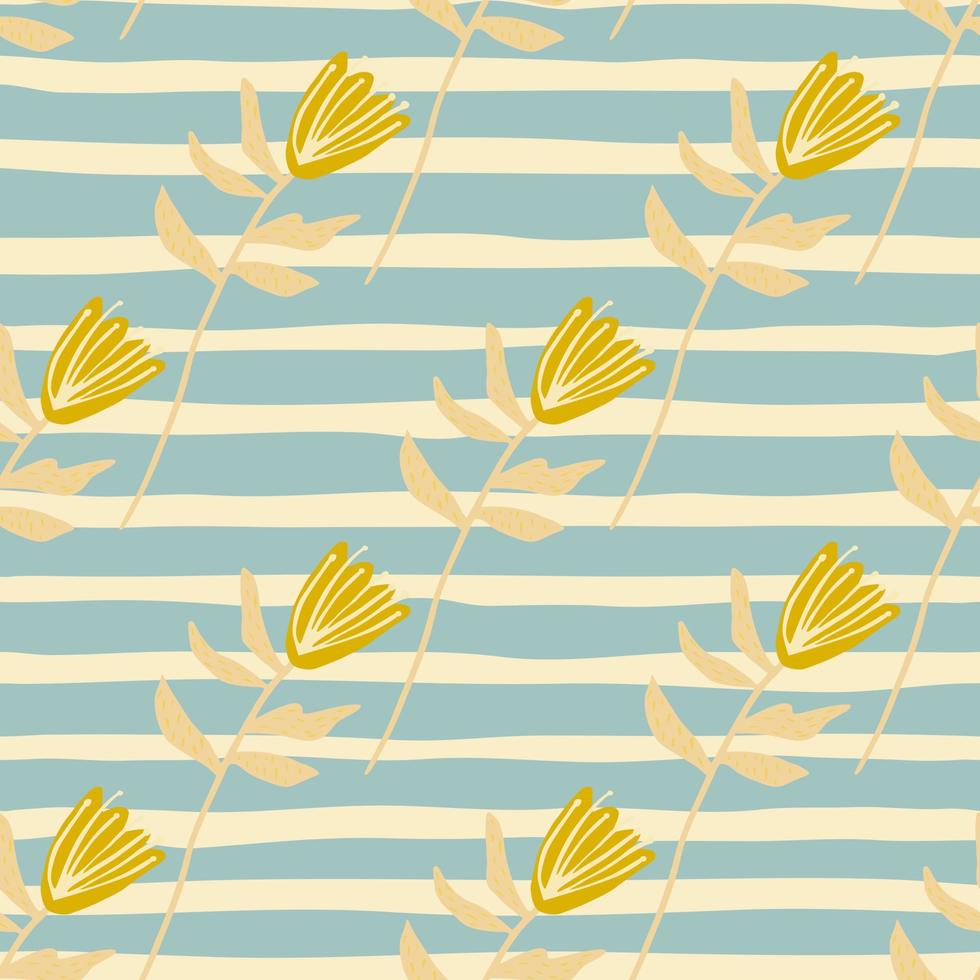 Summer seamless pattern with yellow flower shapes. Soft background with blue strips. vector