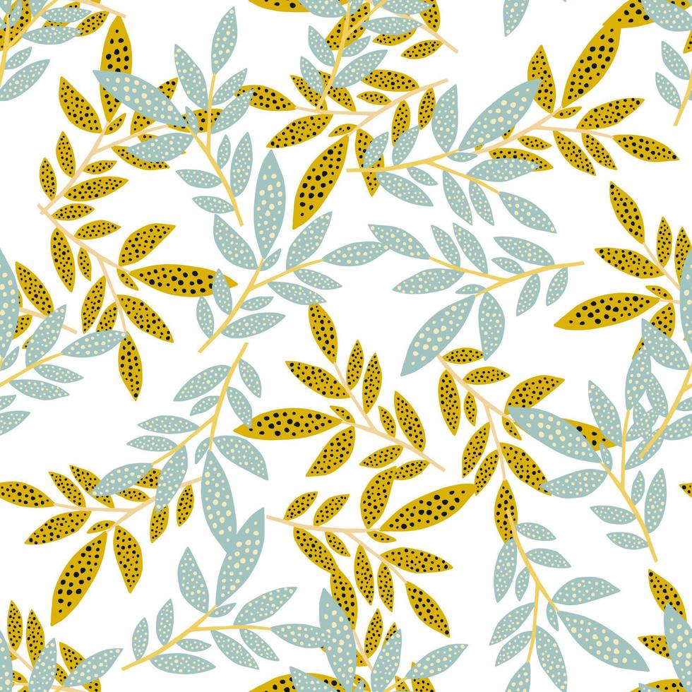 Random herbal seamless pattern with leaf branches. Yellow and blue botanic ornament on white background. Isolated backdrop. vector