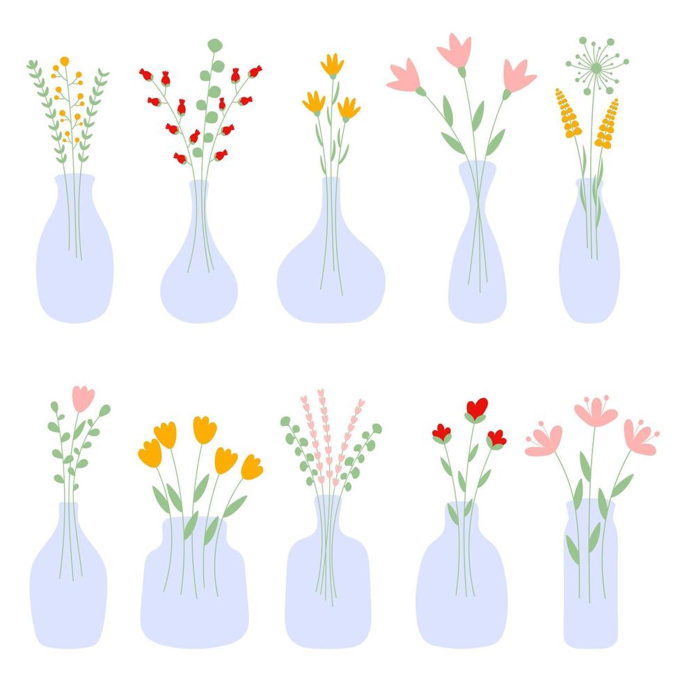 Spring elegance beautiful collection of blooming flowers in vases and bottles isolated on white background Simple trendy modern style for postcards, notebooks, stickers, gift tags design. vector
