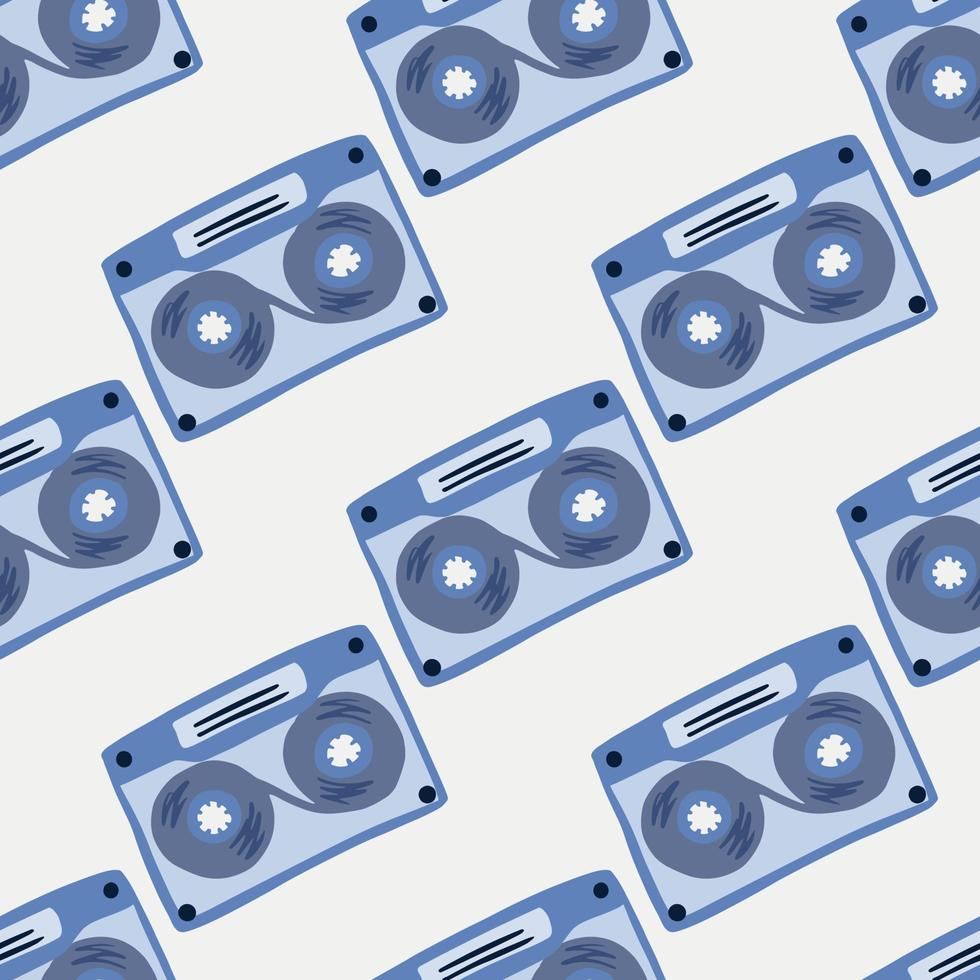 Simple isolated music seamless pattern with cassettes. Blue diagonal ornament on white background. vector