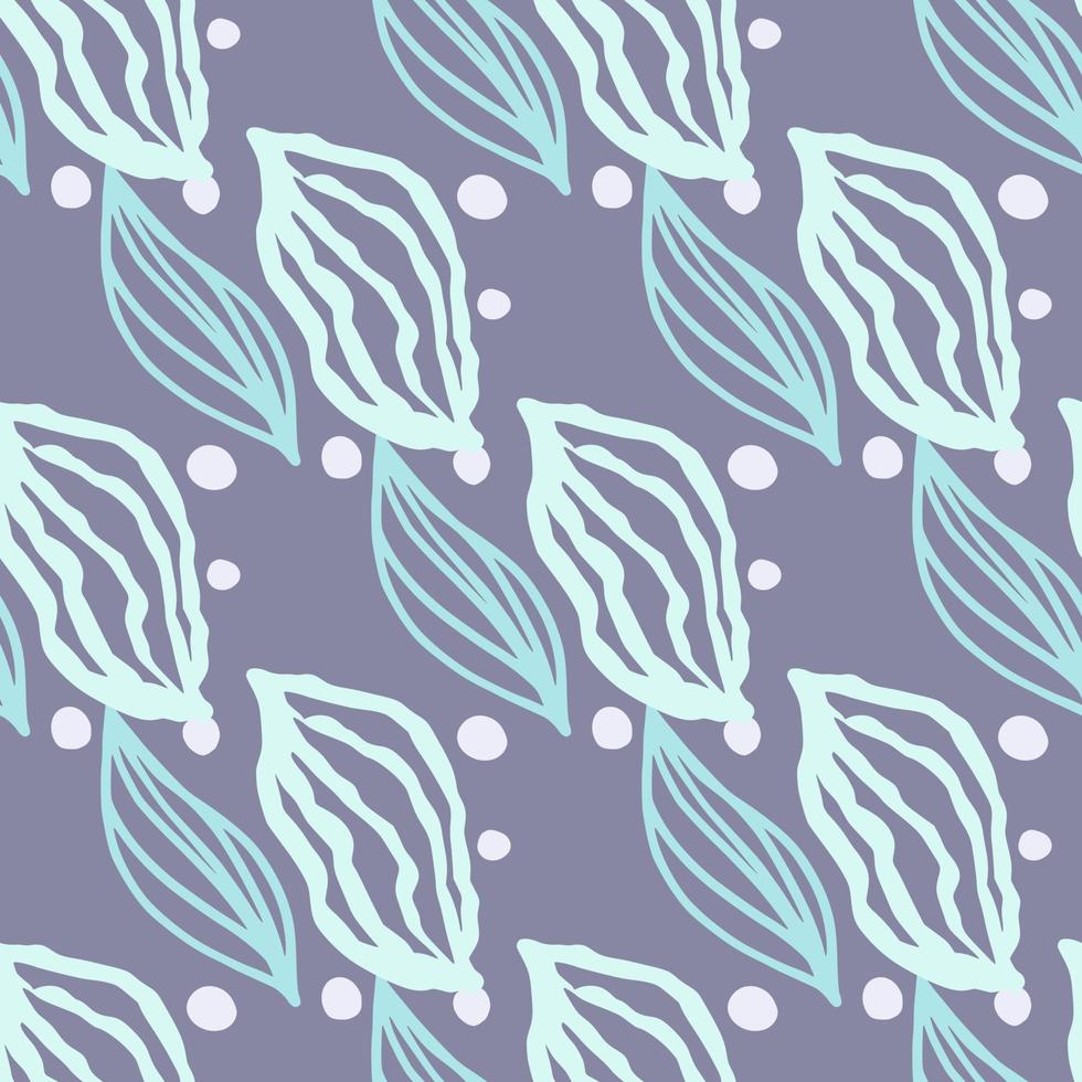 Pastel soft seamless pattern with hand drawn leaf silhouettes. Outline ornament in blue and turquoise colors on light purple background with dots. vector