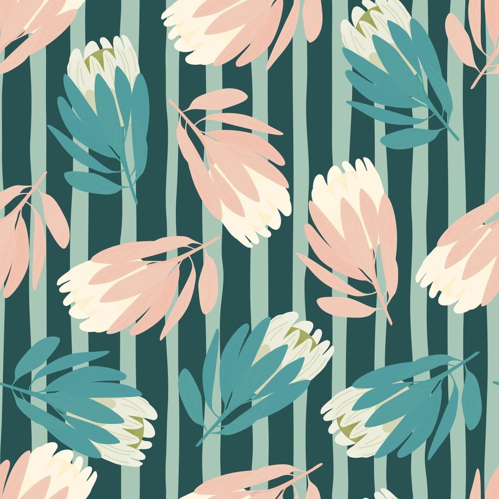 Pink and blue colored protea flowers seamless pattern. Striped blue background. Hand drawn decor print. vector
