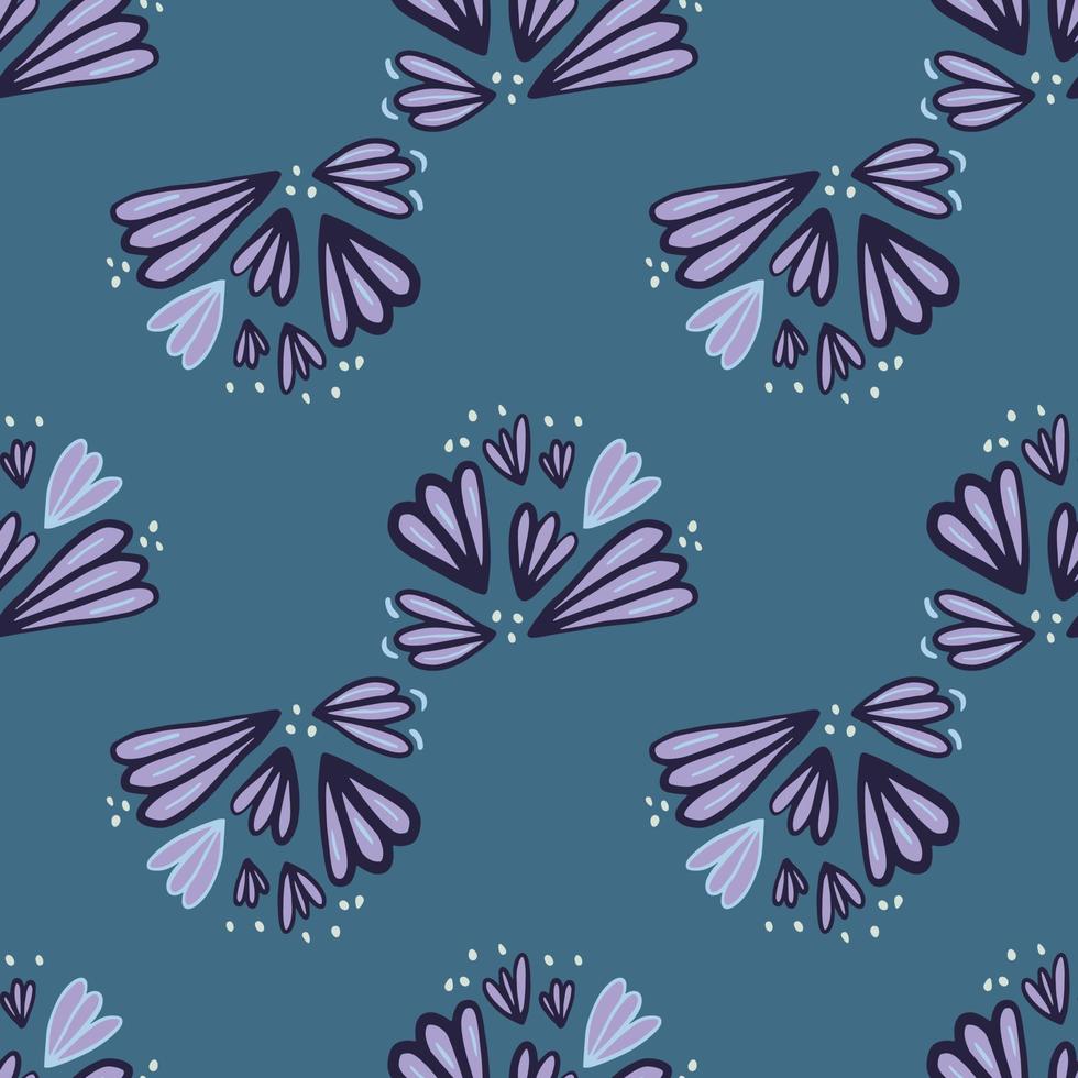 Outline seamless pattern with contoured flower silhouettes. Purple and blue doodle elements on navy pale background. vector