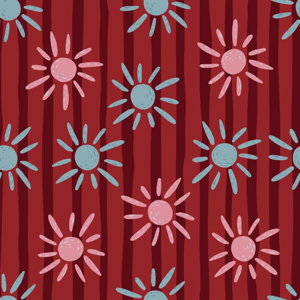 Bright seamless random pattern with pink and blue sun ornament. Red striped background. vector