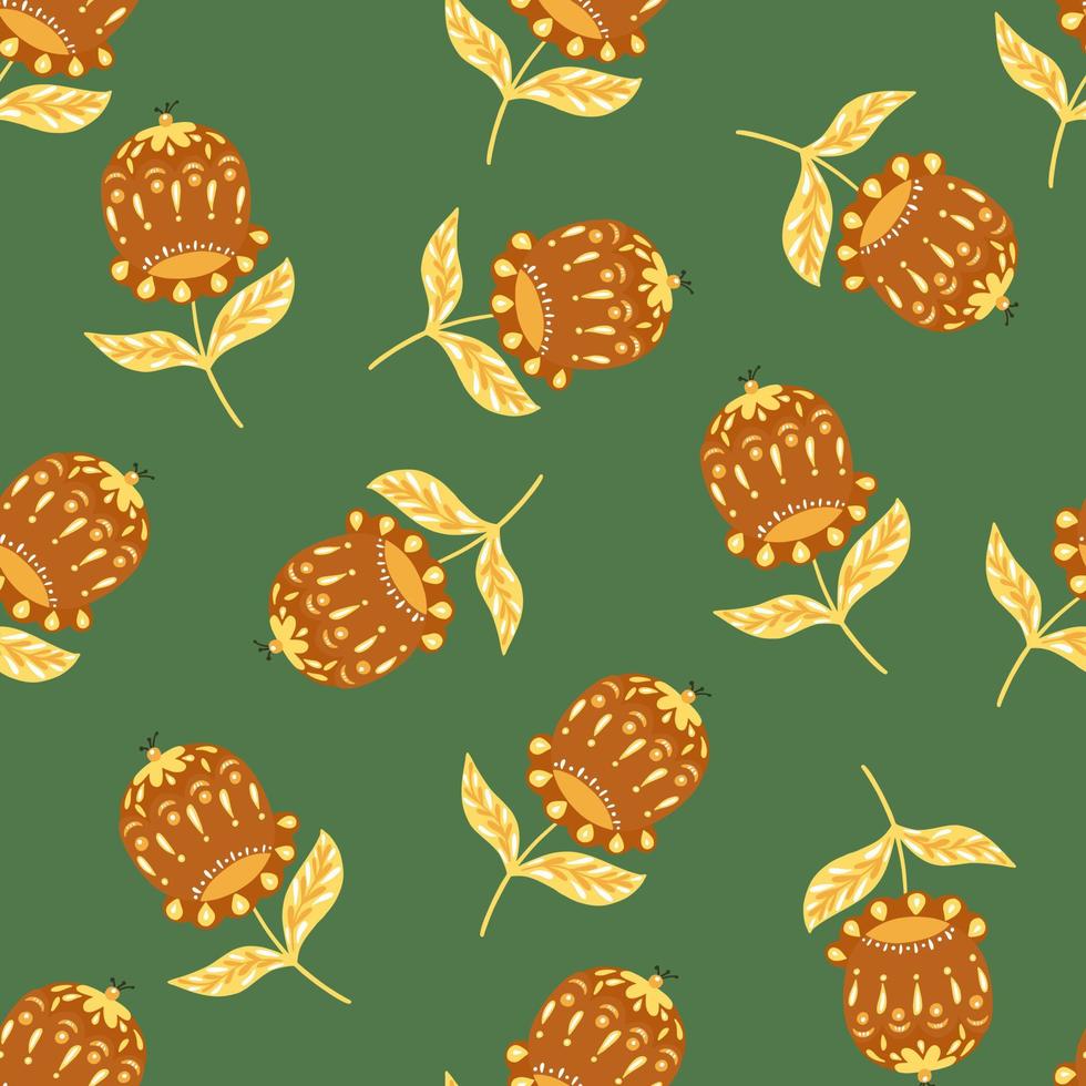 Vintage seamless pattern with random orange folk flowers buds elements. Pale green background. vector