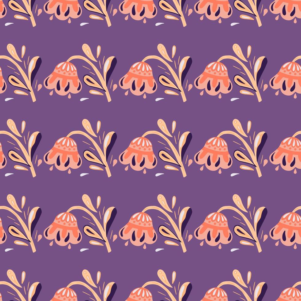 Pink folk flowers hand drawn seamless pattern in doodle style. Purple background. Simple flora artwork. vector