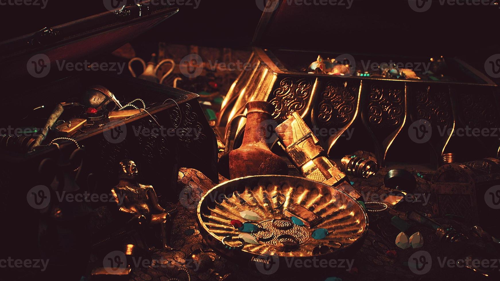 treasures in a dark cave with coins diamonds and gold photo