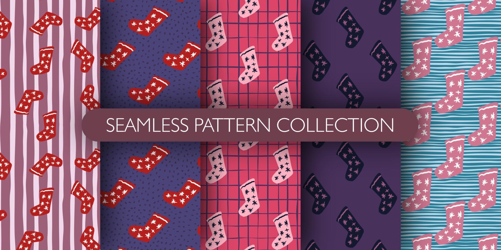Set of simple doodle winter seamless pattern with christmas socks. New year socks ornament with stars collection. vector