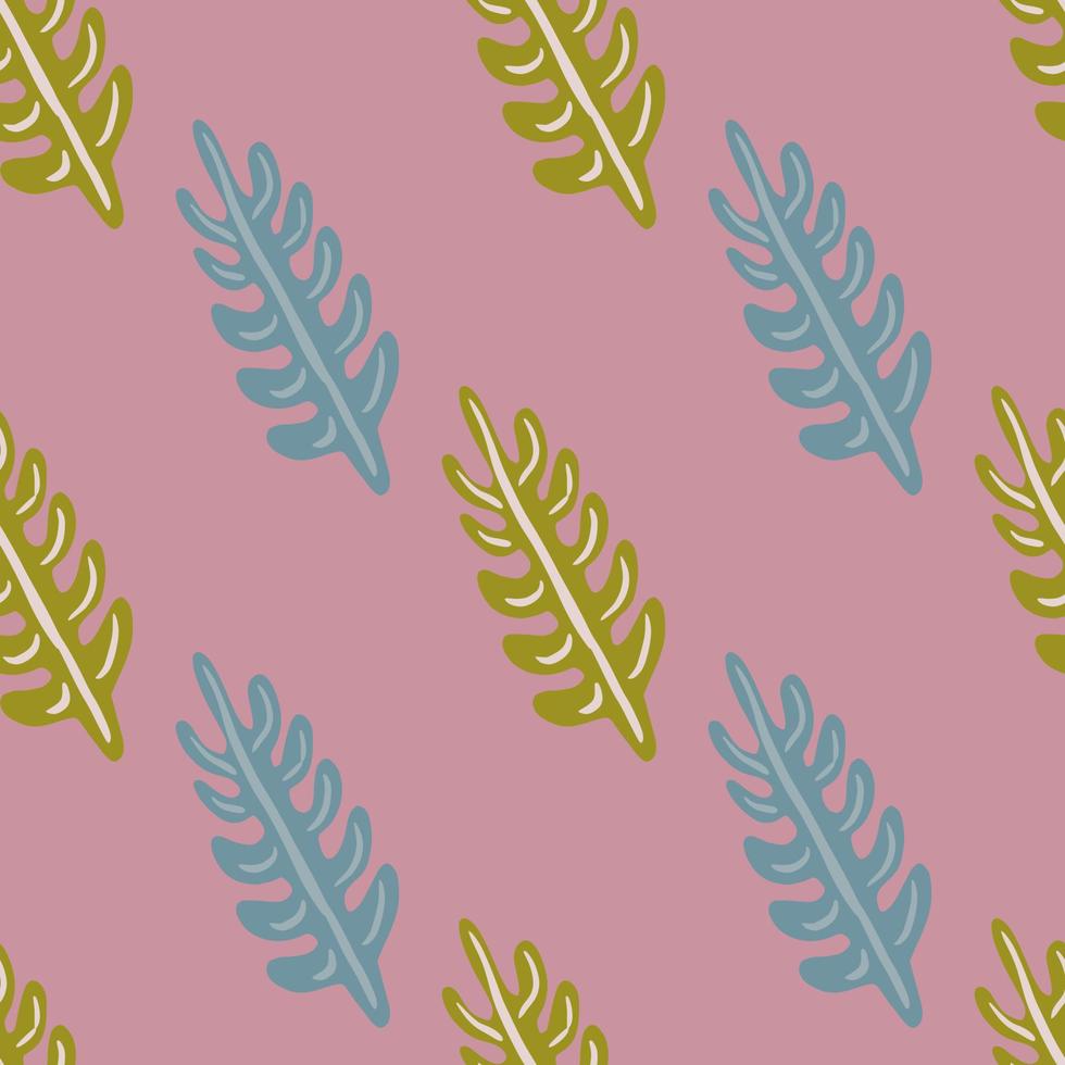 Vintage decorative seamless pattern with blue and green colored leaf branches elements. Pink background. vector