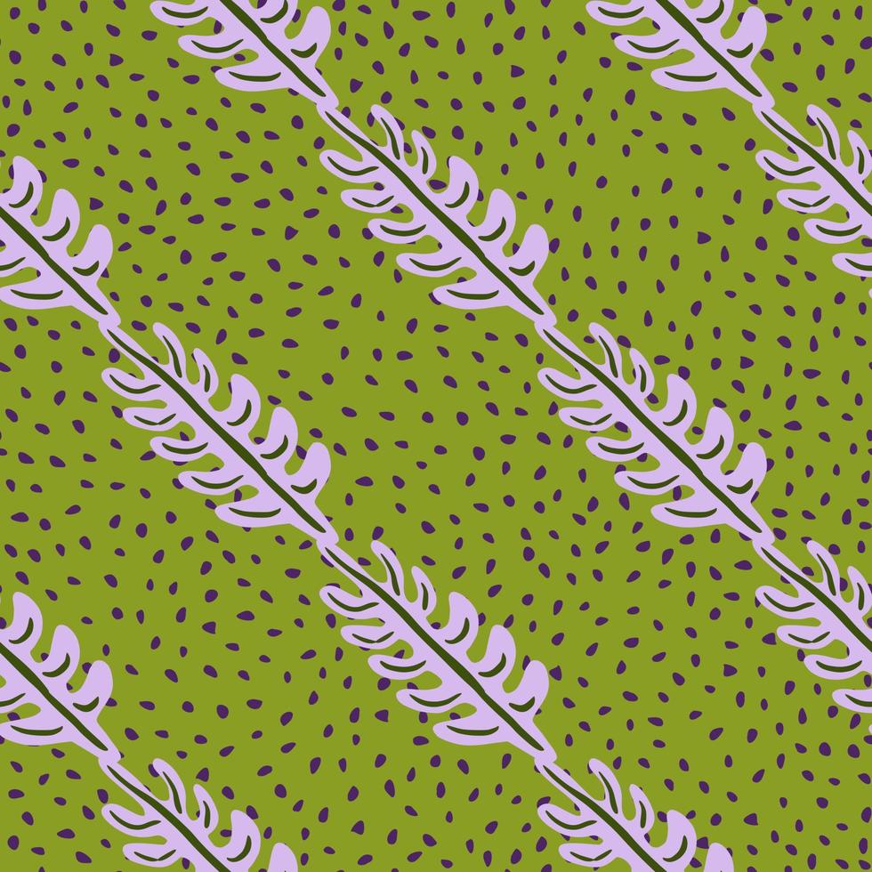 Scrapbook nature seamless pattern with light purple leaf branches ornament. Green background with dots. vector