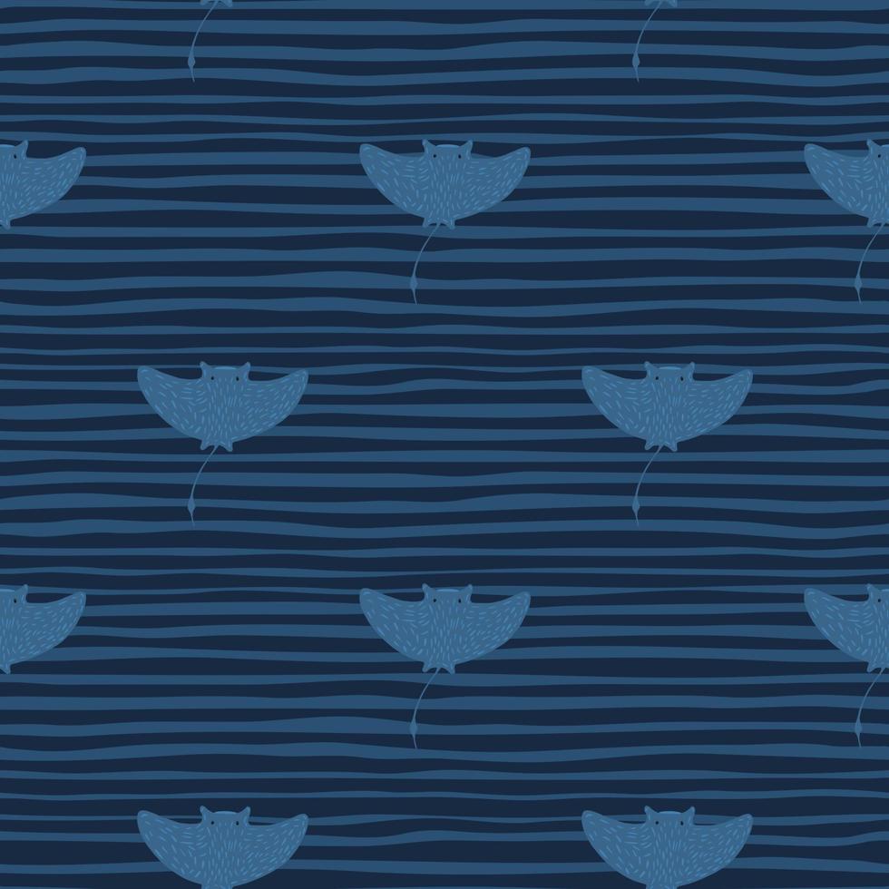 Scrapbook ocean seamless pattern with blue stingray silhouettes. Blue striped background. vector