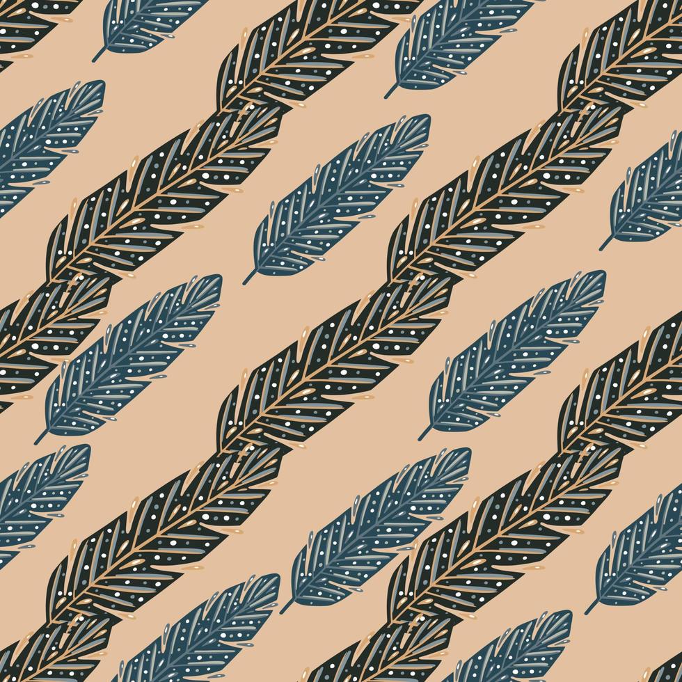 Blue colored ethnic feather elements seamless pattern. Light beige background. Hand drawn style. vector