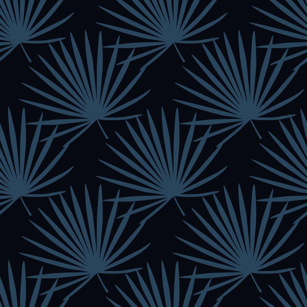 Seamless creative pattern with fan palm elements flat shapes. Navy blue tones foliage on black background. Botanic backdrop. vector