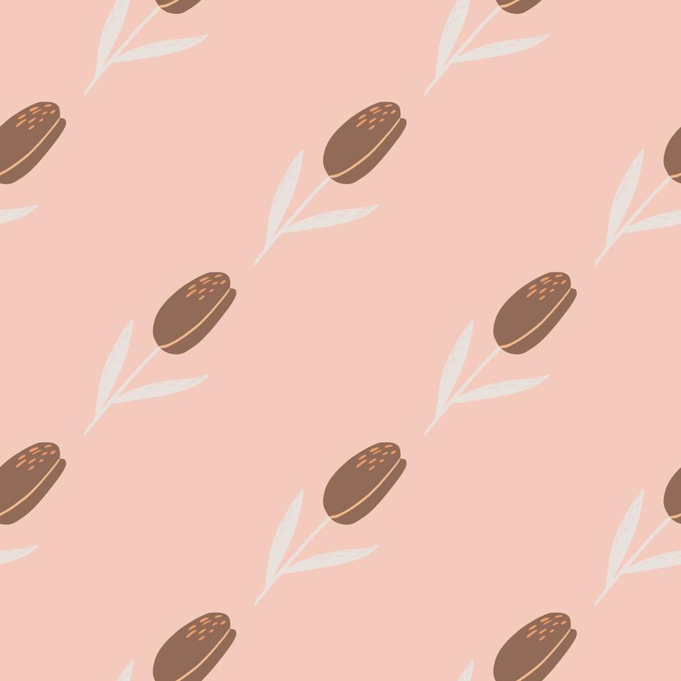 Tulip flower simple stylized silhouettes seamless pattern. Doodle flower ornament with brown buds on light pink background. vector