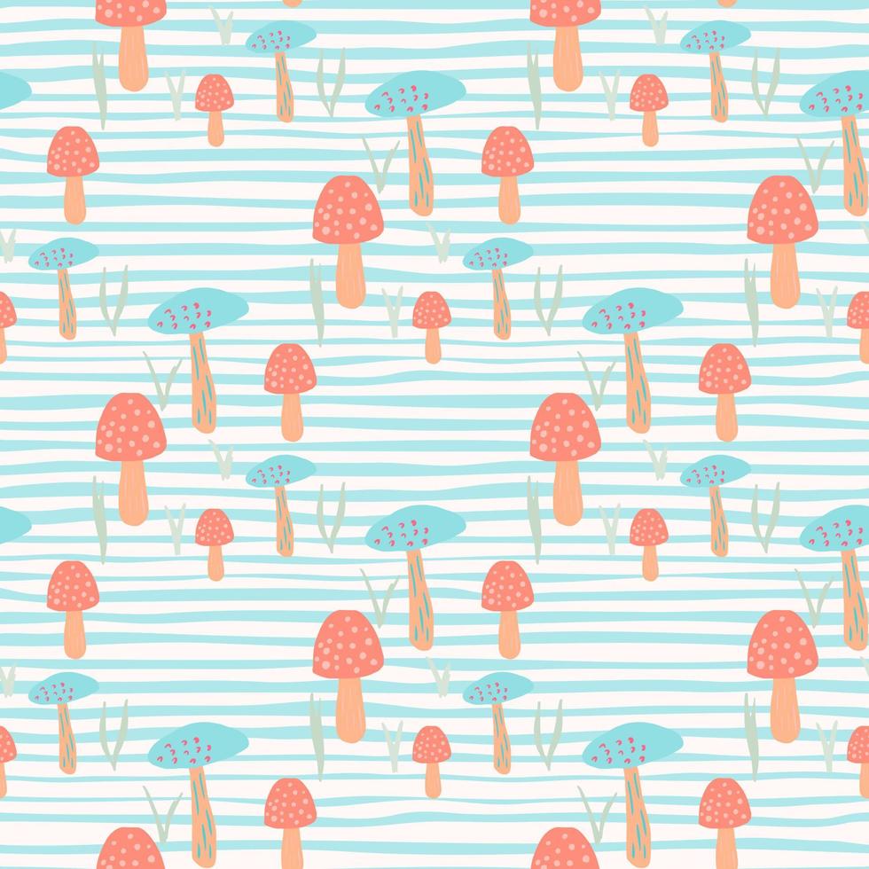 Pastel seamless pattern with mushrooms ornament. Pink and blue wild elements on light stripped background. vector