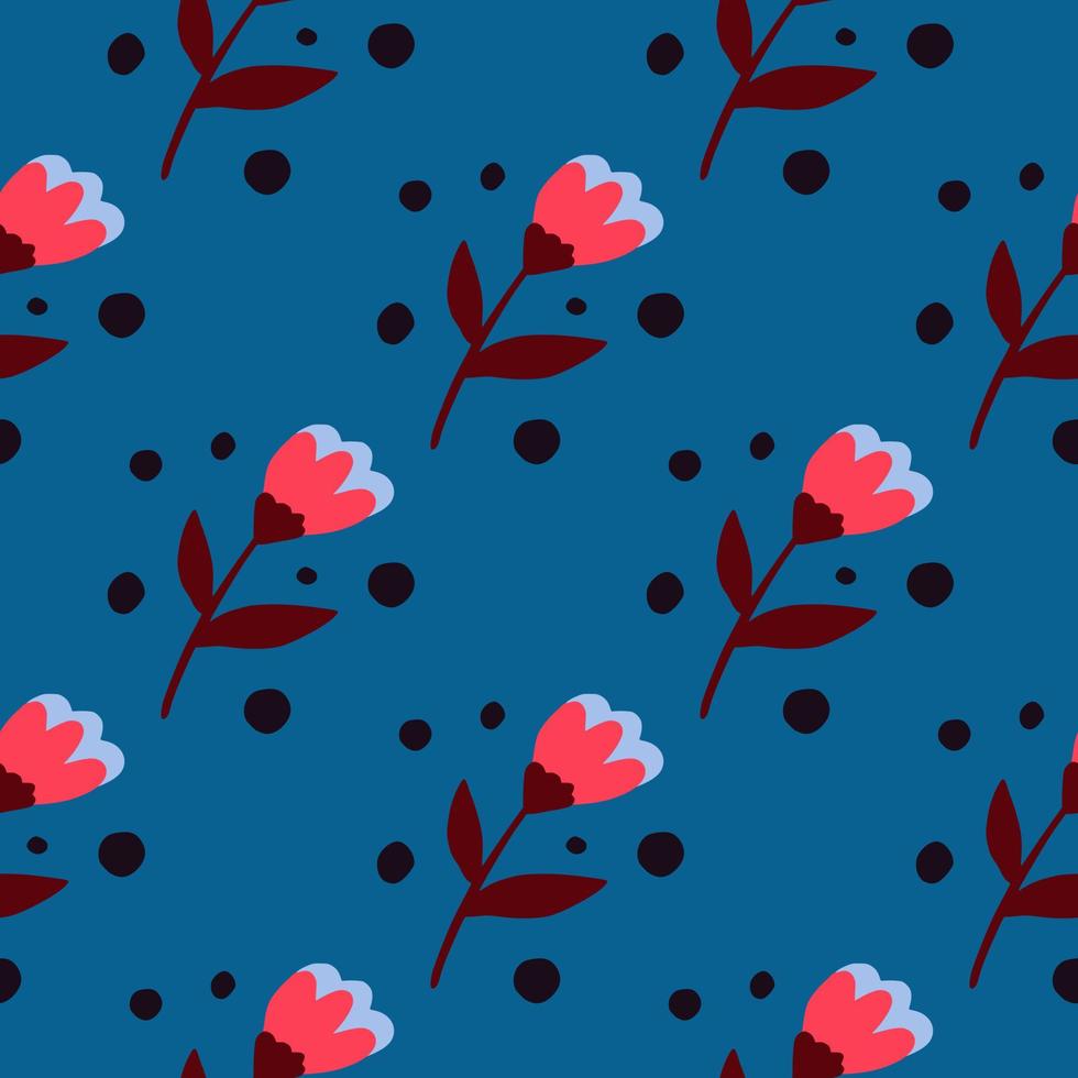 Contrast seamless pattern with doodle folk flower silhouettes. Red botanic ornament on bright blue background. vector