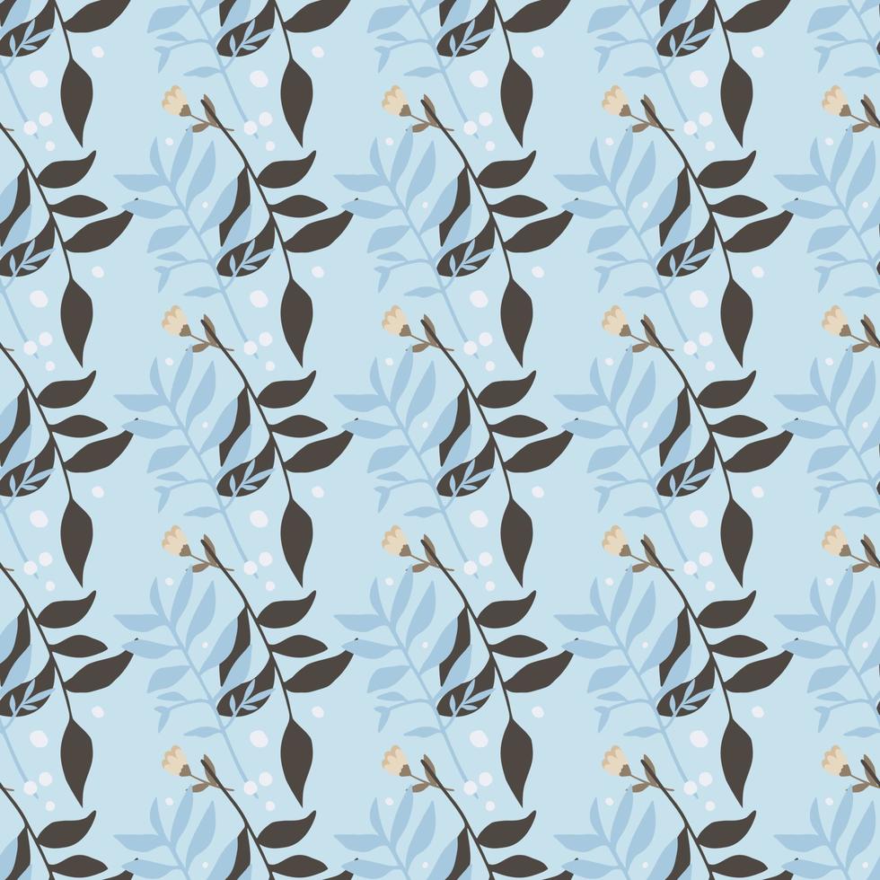 Simple botanic seamless pattern with brown and blue forest branches. Foliage silhouettes on sky blue color background. vector