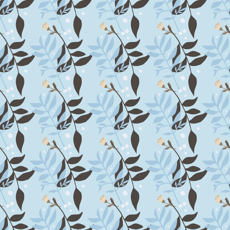 Simple botanic seamless pattern with brown and blue forest branches. Foliage silhouettes on sky blue color background. vector