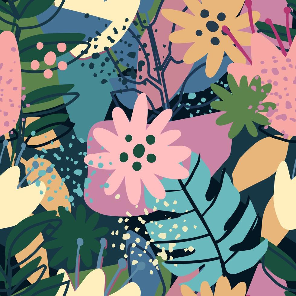 Contemporary collage design. Seamless pattern with trendy exotic floral. vector