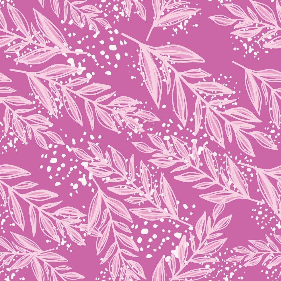 Bright botanic branch silhouettes seamless pattern. Leaves ornament on background with splashes. Lilac palette artwork. vector