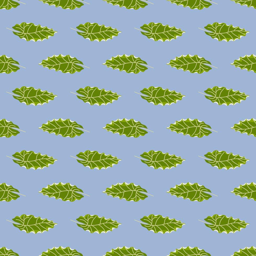 Hand drawn bright green autumn oak leaves silhoeuttes seamless pattern. Blue background. vector