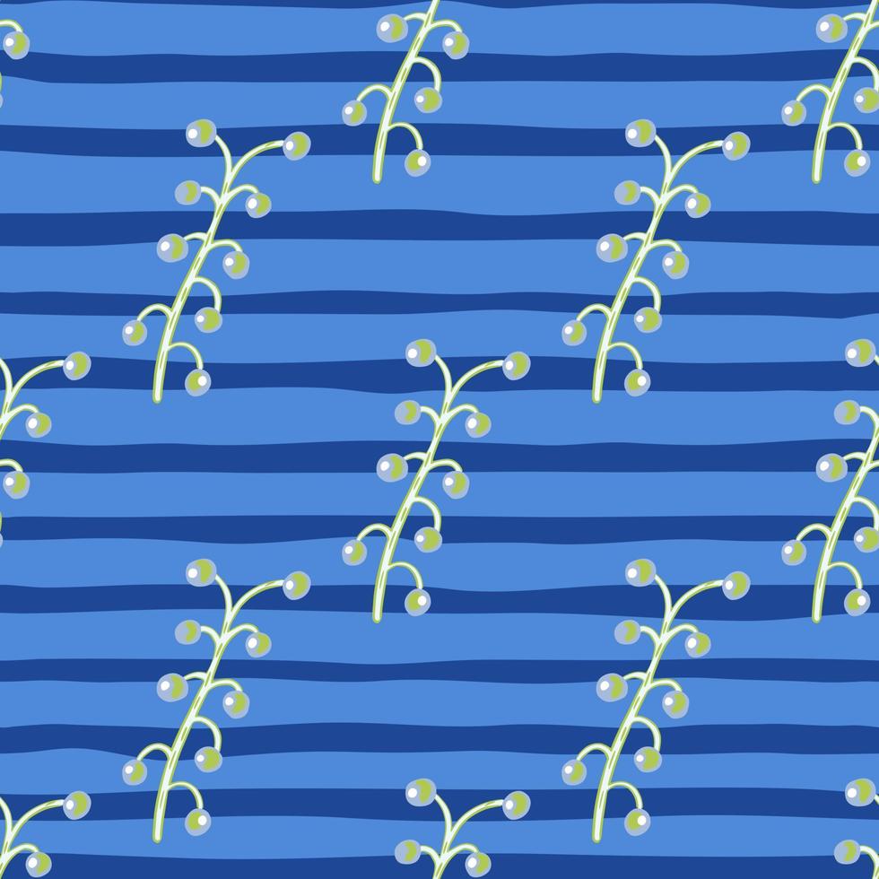 Nature seamless hand drawn pattern with decorative berry branches ornament. Striped blue background. vector