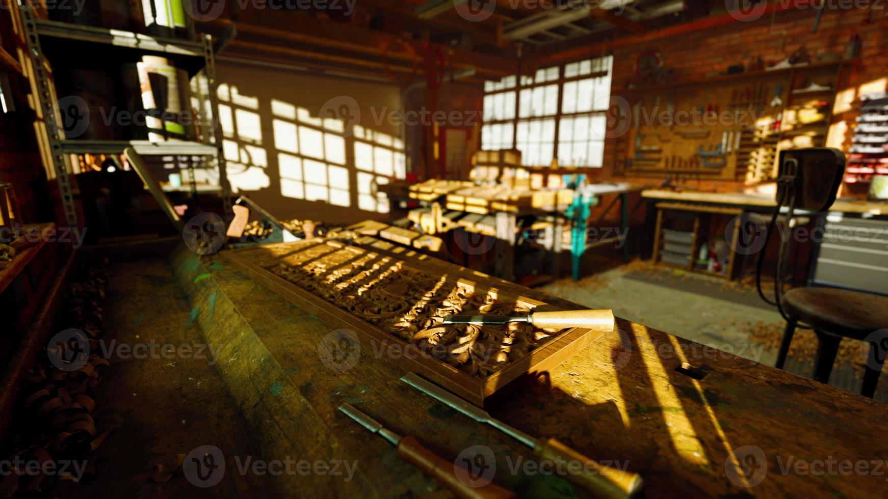Retro stylized old tools on wooden table in a joinery photo