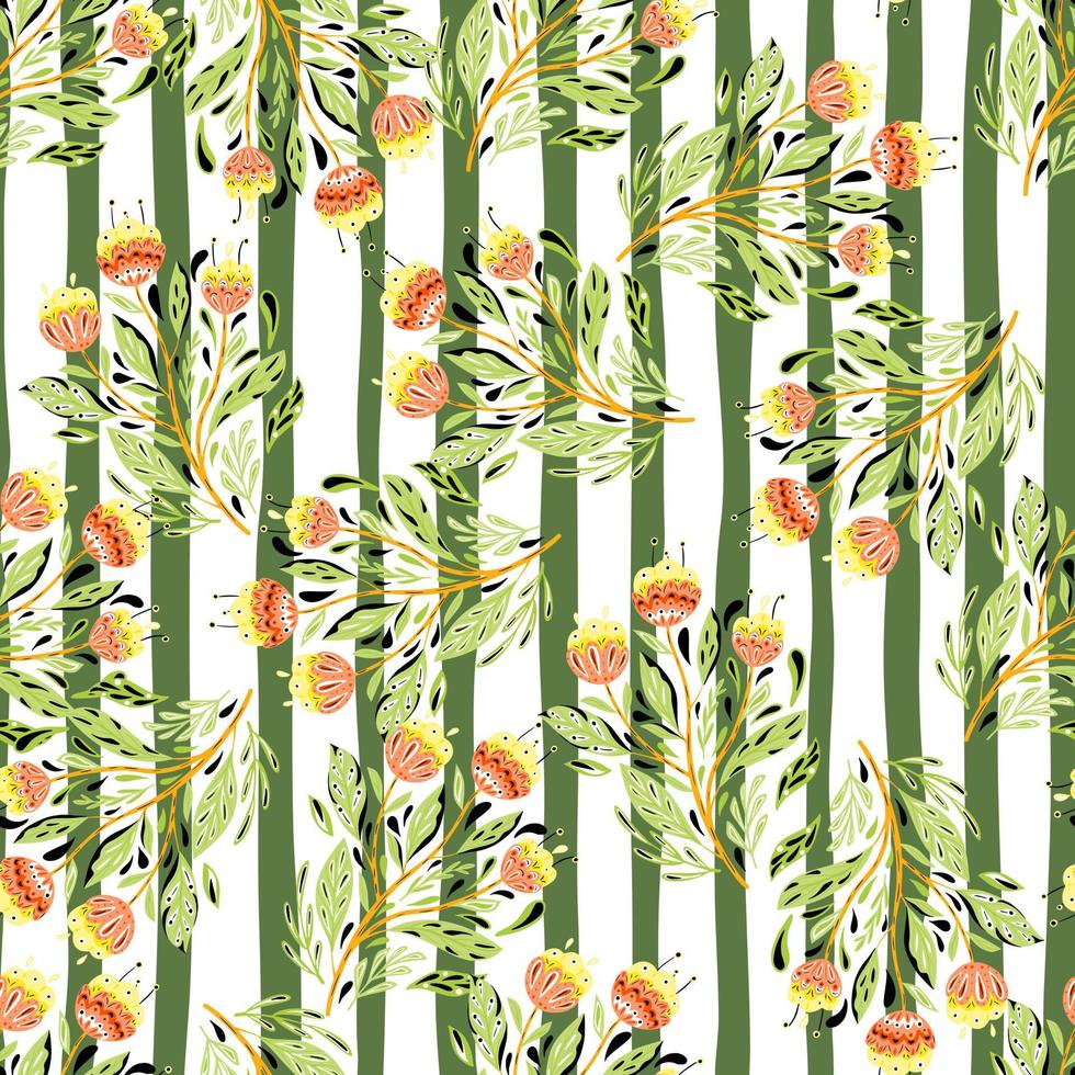 patrón sin costuras de verano vintage con estampado de ramo de flores populares naranjas. fondo rayado verde y blanco. vector