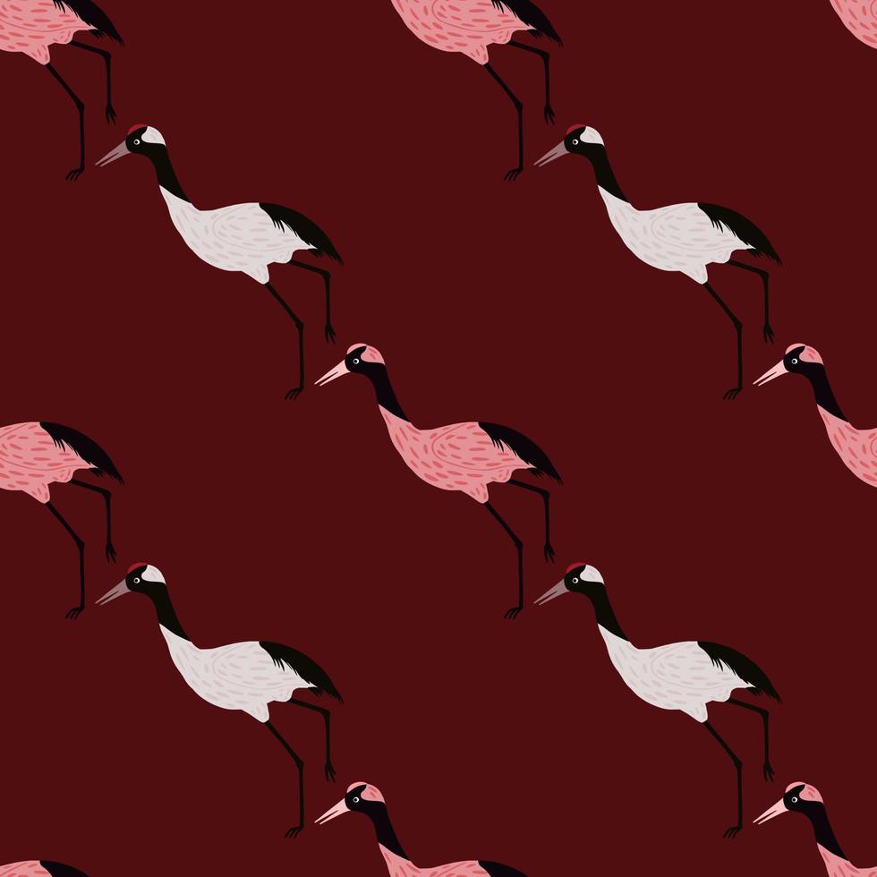 Seamless pattern in minimalistic style with doodle crane bird slhouettes ornament. Maroon background. vector
