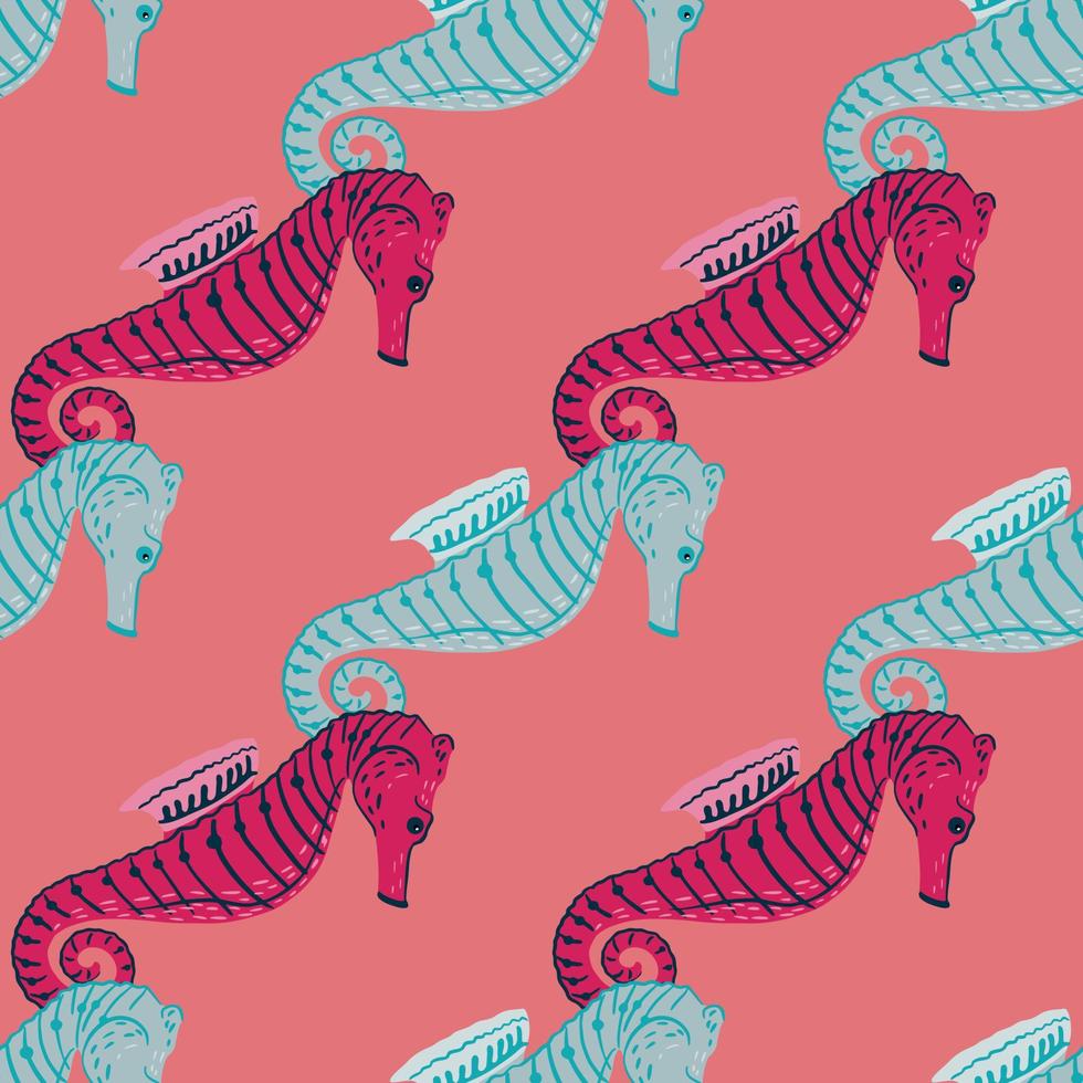 Abstract underwater fauna seamless pattern with pink and blue seahorse silhouettes. Pink pastel background. vector